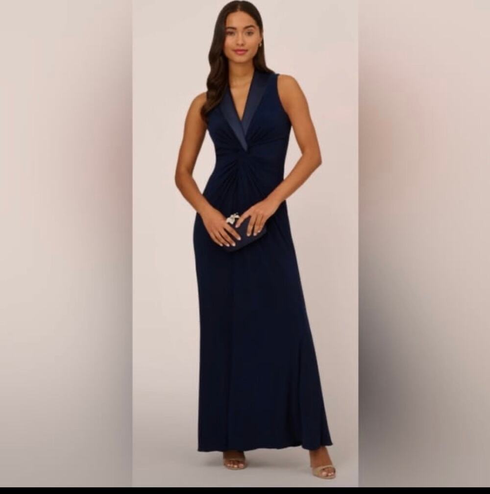 New Adrianna Papell midnight blue jersey tuxedo gown sz 4